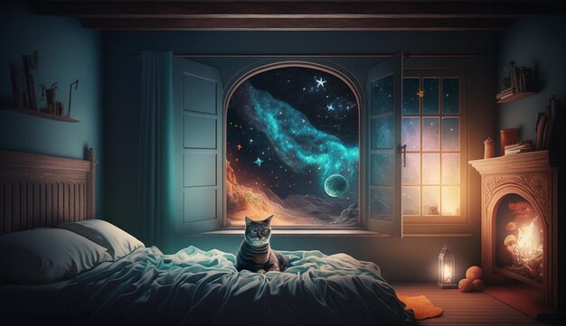 Foto un gatto si siede su un letto davanti a una finestra con vista sull'universo.