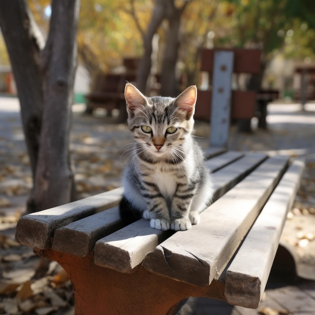 A cat sits on a bench in a park.