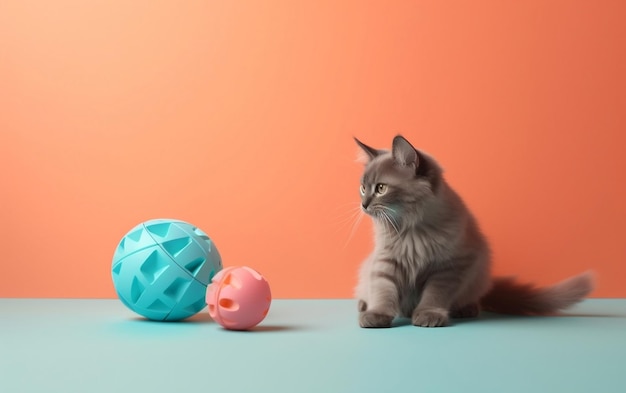 A cat sits next to a blue and orange background.