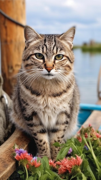 植物の前のボートに猫が座っています。