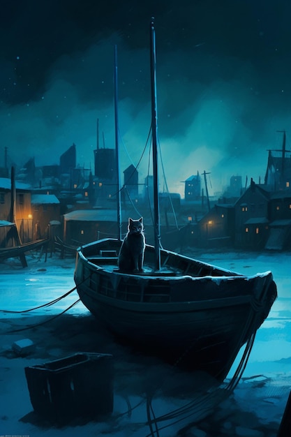 A cat sits on a boat in a snowy harbor.