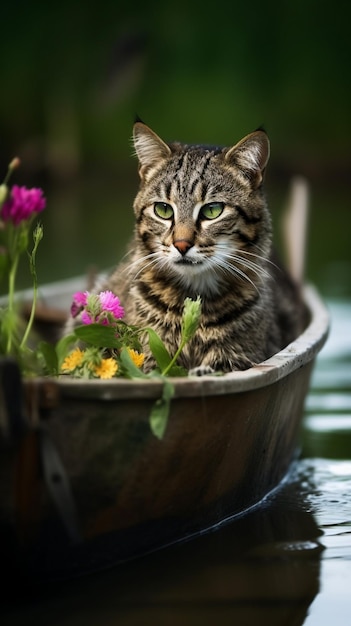 A cat sits in a boat with flowers in it.