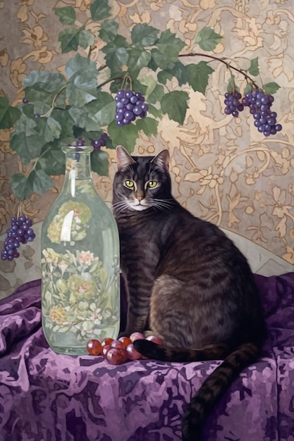 A cat sits next to a bottle of grapes next to a vine.