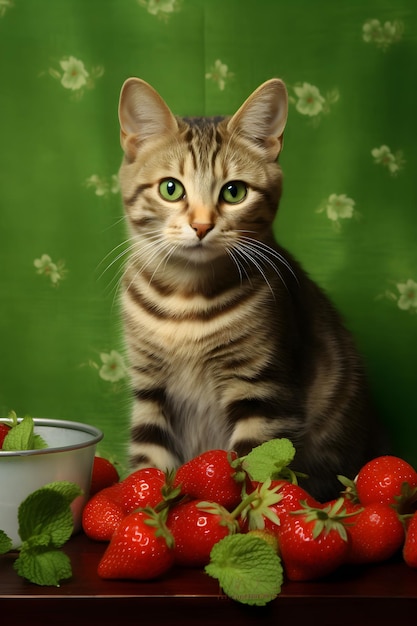 A cat sits next to a bowl of strawberries.