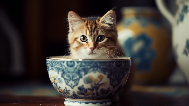 A cat sits in a bowl with a blue and white vase behind it.