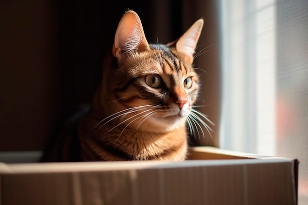 A cat sits in a box looking out of a window.