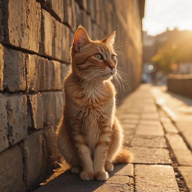 猫がレンガの壁の前でレンガの歩道に座っている