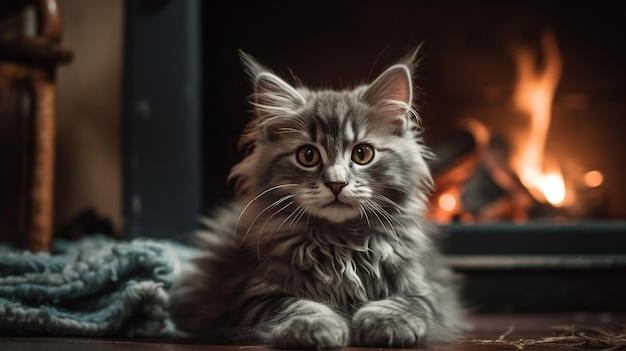 A cat sits by a fireplace with a blanket on it.