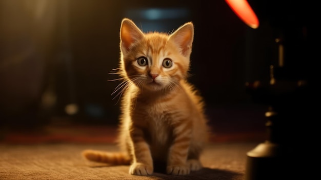 A cat sits on a carpet in front of a lamp.