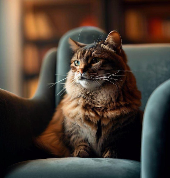 A cat sits on a chair in front of a bookcase.