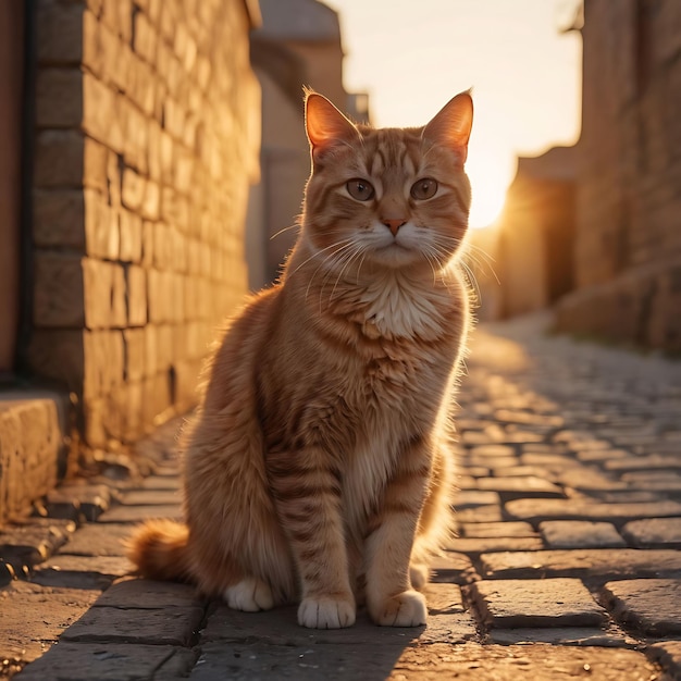 a cat sits on a cobblestone street in the sun