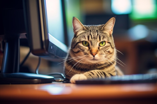 A cat sits at a computer and looks at the camera.