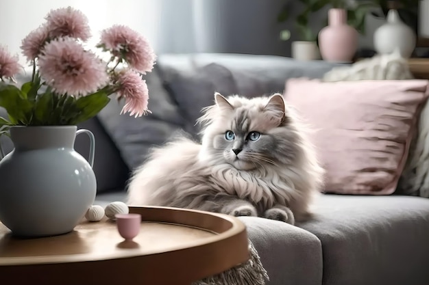 A cat sits on a couch next to a vase of flowers.