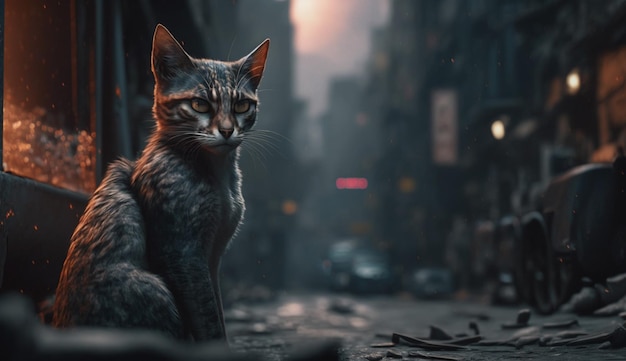 A cat sits in a dark city street.