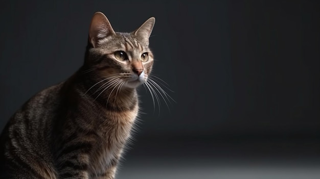 A cat sits in a dark room with a dark background.