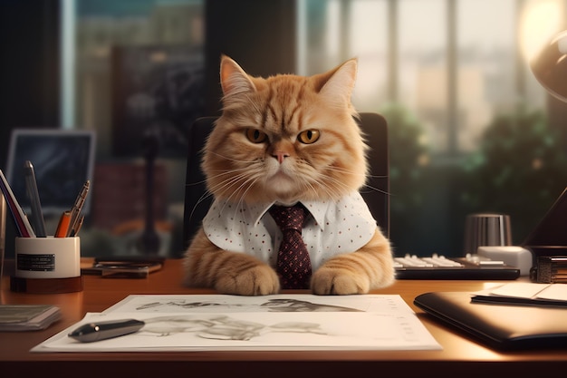 A cat sits at a desk in front of a drawing of a cat.