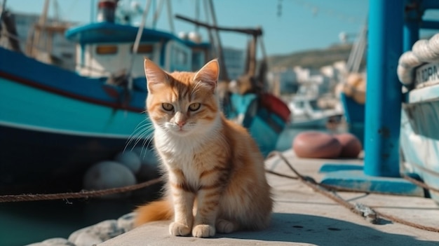 A cat sits on a dock in front of a boat