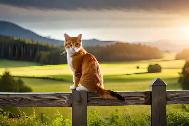 猫が畑の前の柵の上に座っています。