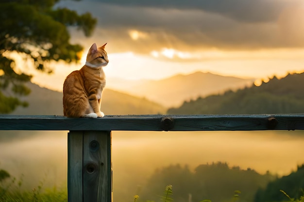 A cat sits on a fence in front of a sunset.