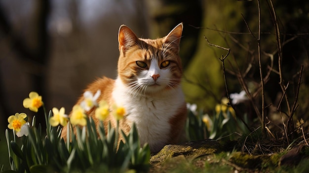 A cat sits in a field of daffodils.