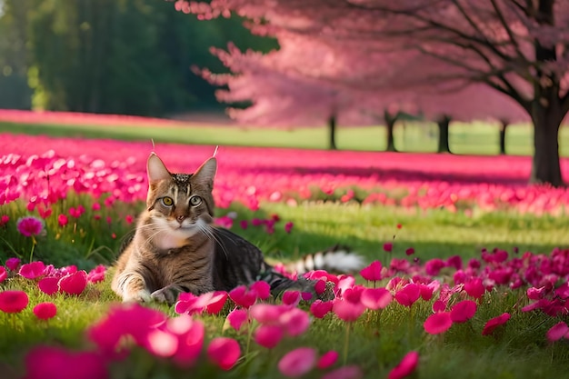 A cat sits in a field of flowers in front of a tree.