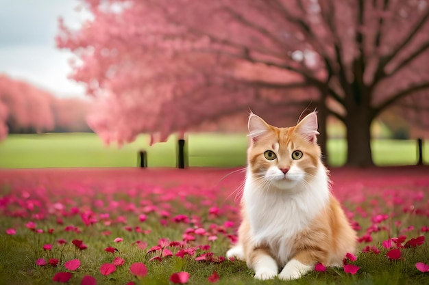 A cat sits in a field of flowers with a pink tree in the background.