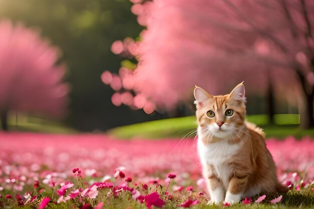 A cat sits in a field of flowers