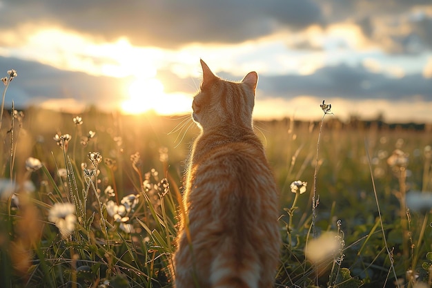 Photo a cat sits in a field of grass and looks at the sunset