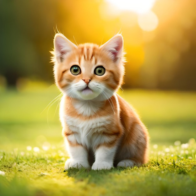 A cat sits on a field with the sun shining on it.