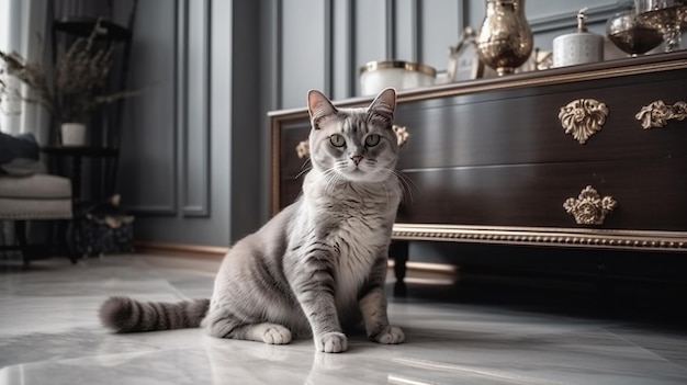 A cat sits on the floor in front of a black cabinet.