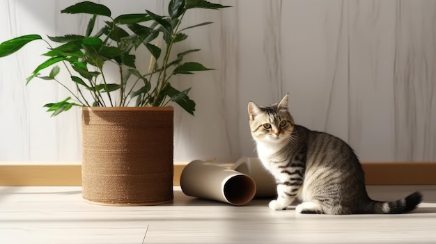 A cat sits on a floor next to a roll of paper.