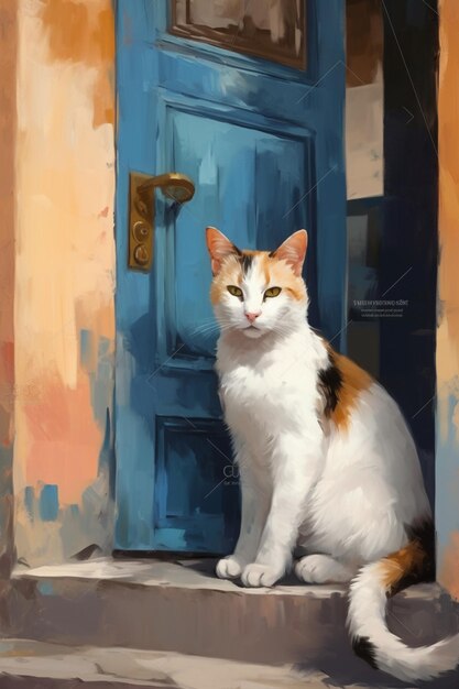 A cat sits in front of a blue door