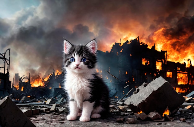 A cat sits in front of a burning building.