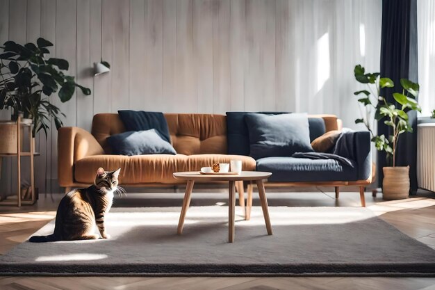 A cat sits in front of a couch in a living room.