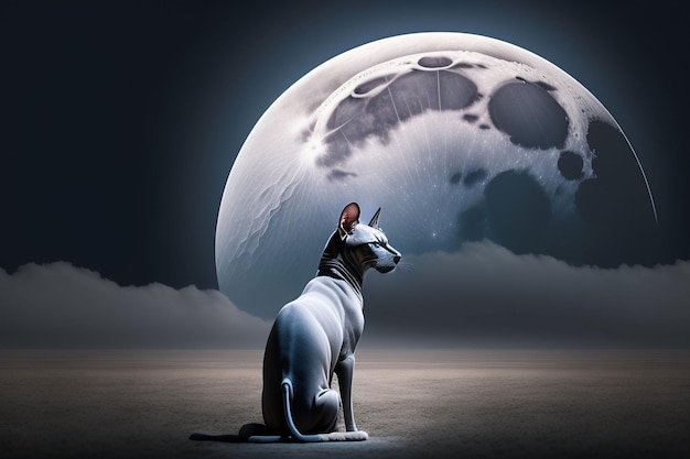 A cat sits in front of a full moon.