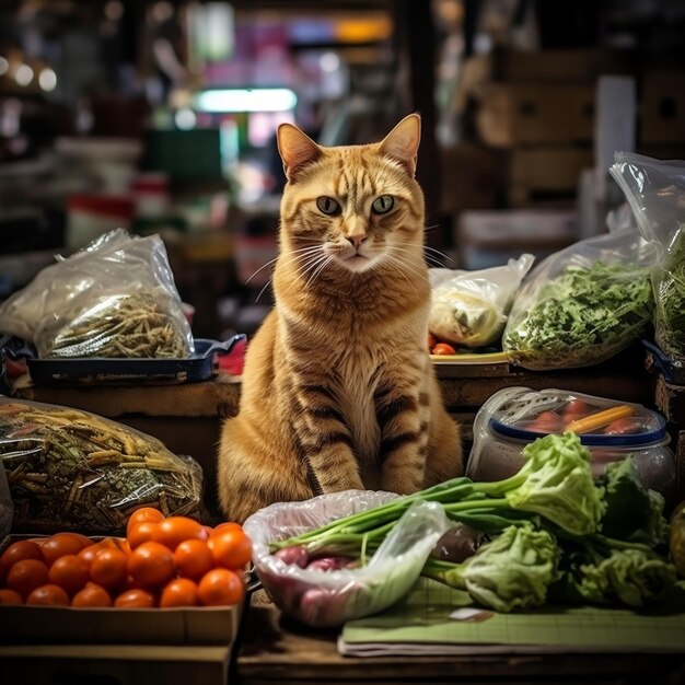 고양이 한 마리가 농산물 가판대 앞에 앉아 있습니다.