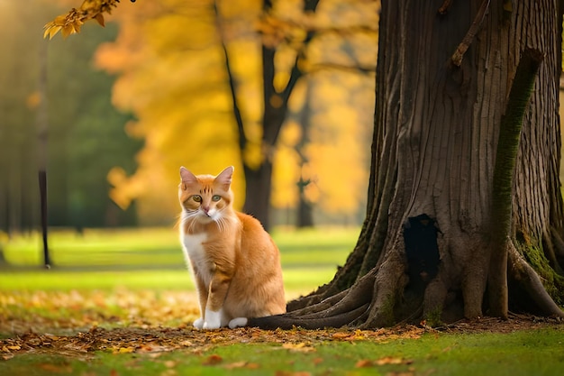 a cat sits in front of a tree in autumn.