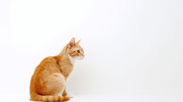 A cat sits in front of a white wall