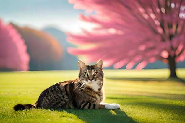 A cat sits on a golf course with a large pink tree behind it.