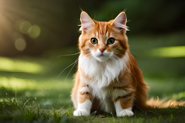 A cat sits in the grass in front of a blurred background.