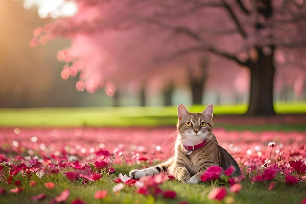 분홍색 나무 앞 풀밭에 고양이 한 마리가 앉아 있습니다.