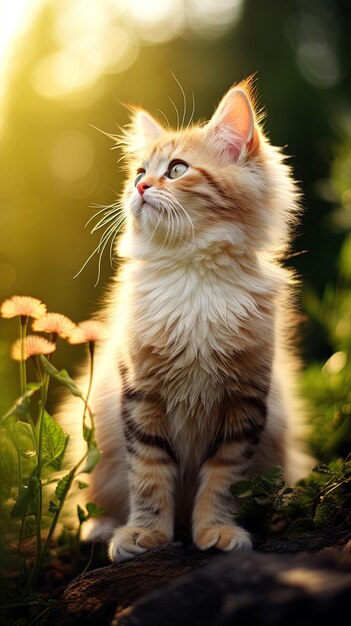 a cat sits in the grass and looks up to the sky