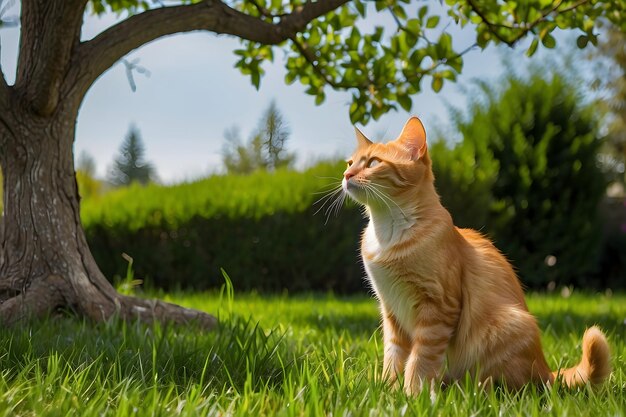 a cat sits in the grass under a tree