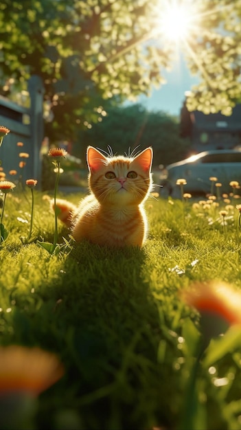 a cat sits in the grass with a sunflower in the background.