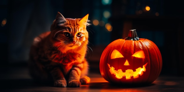 ハロウィーンのカボチャの隣に猫が座っています