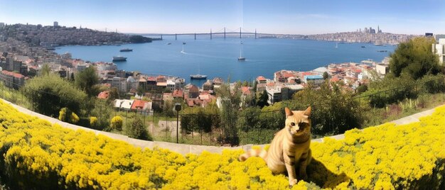 Photo a cat sits on a hill overlooking a bay and a bridge