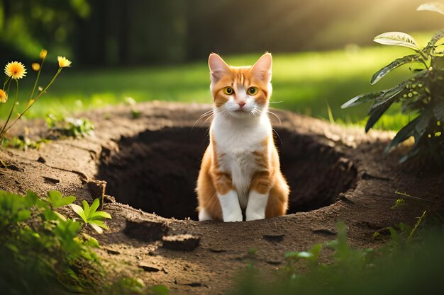 A cat sits in a hole in the grass.