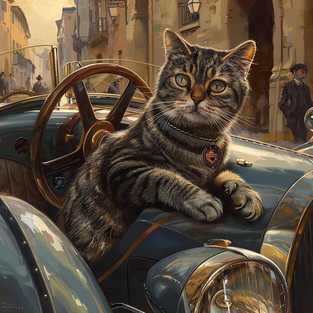 a cat sits on the hood of a vintage car