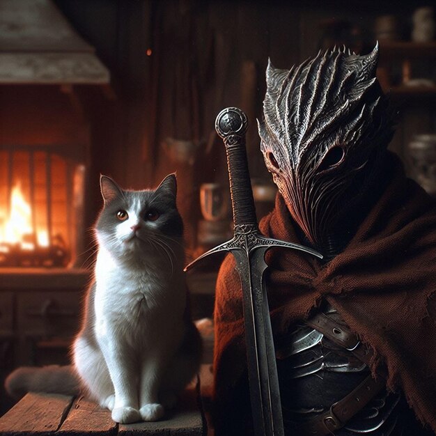 a cat sits next to a knight and a sword