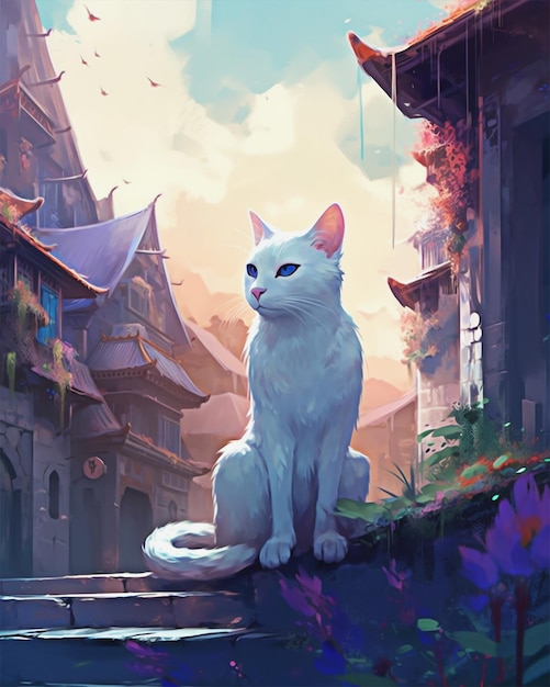 A cat sits on a ledge in a city.